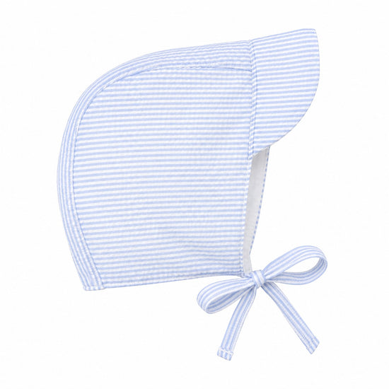 Carriage Boutique baby boy sun hat in blue and white striped seersucker cotton with a tie chin strap