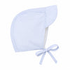Carriage Boutique baby boy sun hat in blue and white striped seersucker cotton with a tie chin strap