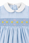 Carriage Boutique blue baby girl dress with white peter pan collar and hand-smocked waist with floral embroidery.
