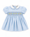 Carriage Boutique baby girl blue dress with white peter pan collar and hand-smocked floral waist detail