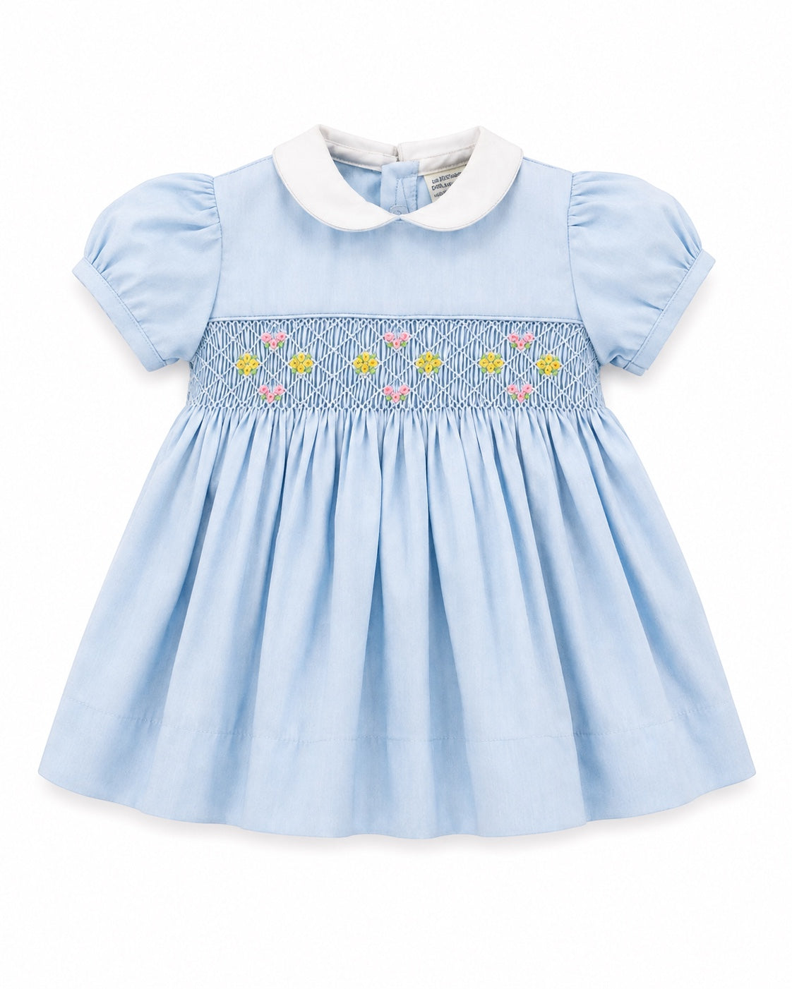 Carriage Boutique baby girl blue dress with white peter pan collar and hand-smocked floral waist detail