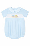 Carriage Boutique light blue baby boy romper with hand-smocked bird and tree embroidery and a classic Peter Pan collar.