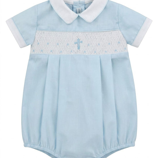 Carriage Boutique baby boy blue cotton bubble romper with white collar and hand-smocked cross detail.