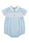 Carriage Boutique baby boy blue cotton bubble romper with white collar and hand-smocked cross detail.