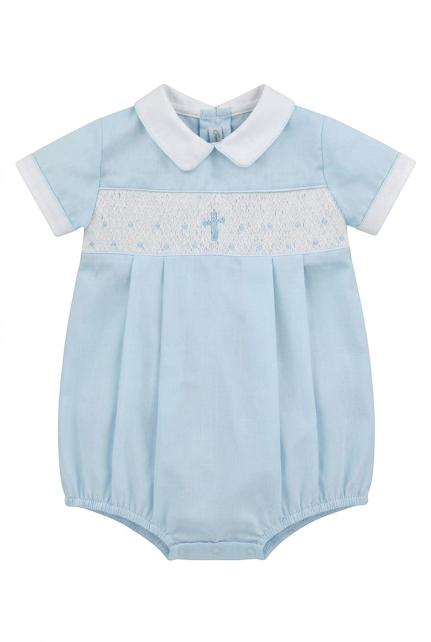 Carriage Boutique baby boy blue cotton bubble romper with white collar and hand-smocked cross detail.