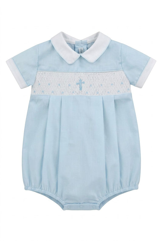 Carriage Boutique baby boy blue cotton bubble romper with white collar and hand-smocked cross detail.