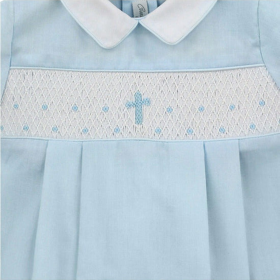 Carriage Boutique baby boy blue cotton bubble romper with white collar and hand-smocked cross detail