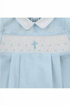 Carriage Boutique baby boy blue cotton bubble romper with white collar and hand-smocked cross detail