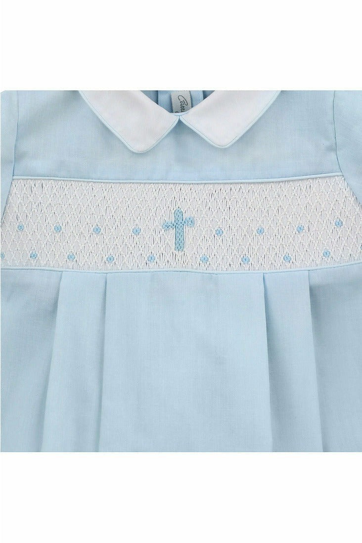 Carriage Boutique baby boy blue cotton bubble romper with white collar and hand-smocked cross detail