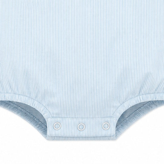 Carriage Boutique baby boy blue and white striped cotton bubble romper with Peter Pan collar and snap closures.
