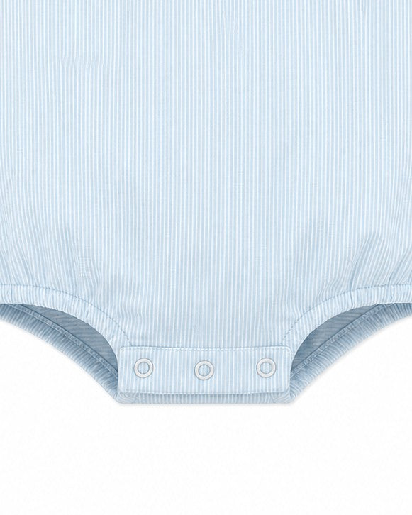 Carriage Boutique baby boy blue and white striped cotton bubble romper with Peter Pan collar and snap closures.