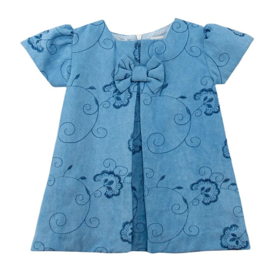 Carriage Boutique blue suede baby dress with floral embroidery, short sleeves, and a decorative chest ribbon.