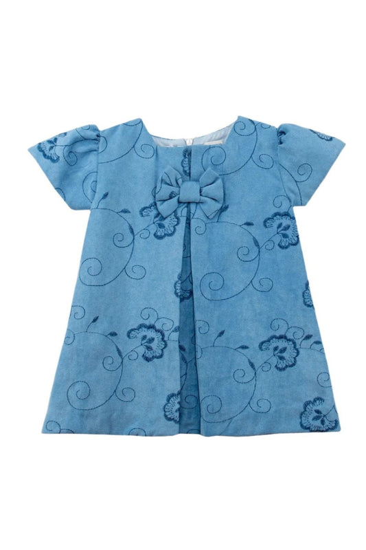 Carriage Boutique blue suede baby dress with floral embroidery, short sleeves, and a decorative chest ribbon.