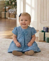 Carriage Boutique baby girl wearing a blue suede holiday dress with floral embroidery and a chest ribbon bow