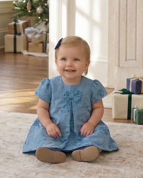 Carriage Boutique baby girl wearing a blue suede holiday dress with floral embroidery and a chest ribbon bow