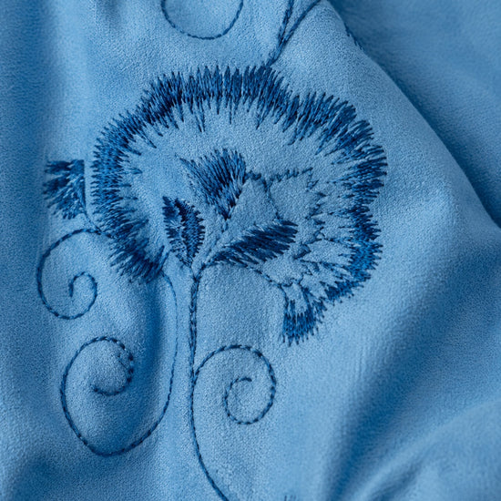 Carriage Boutique blue suede polyester fabric with detailed dark blue floral embroidery for a baby holiday dress