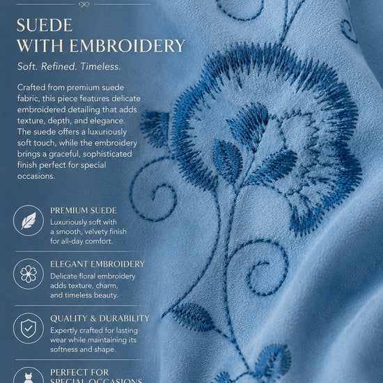 Carriage Boutique blue suede fabric with delicate floral embroidery and soft velvet texture for toddler dresses