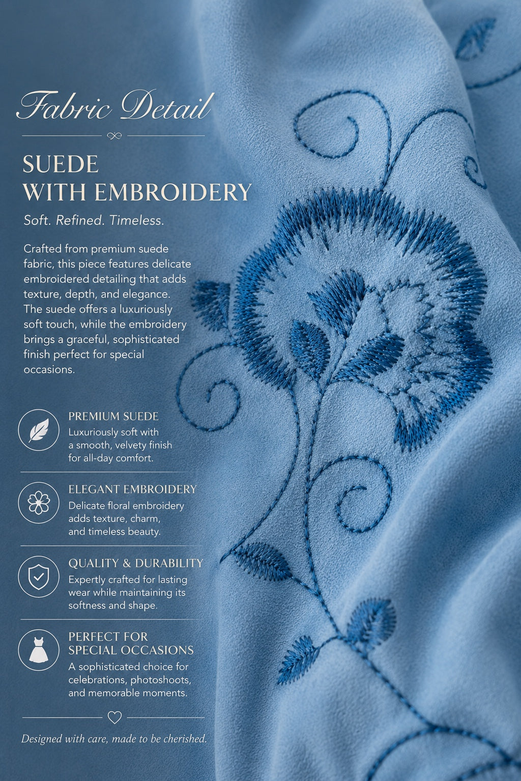 Carriage Boutique blue suede fabric with delicate floral embroidery and soft velvet texture for toddler dresses
