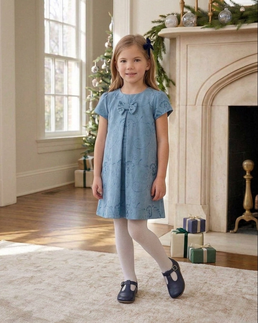 Carriage Boutique blue suede toddler party dress with floral pattern, short sleeves, and a decorative chest ribbon.