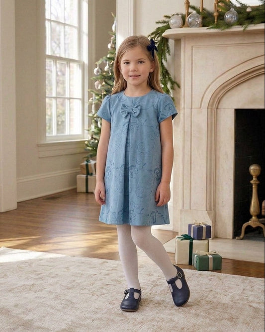 Carriage Boutique blue suede toddler party dress with floral pattern, short sleeves, and a decorative chest ribbon.