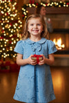 Carriage Boutique toddler girl blue suede party dress with floral pattern and ribbon detail in a festive setting