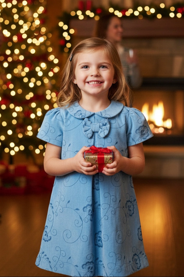 Carriage Boutique toddler girl blue suede party dress with floral pattern and ribbon detail in a festive setting