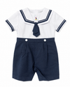 Carriage Boutique boys nautical bobby suit with white cotton shirt, navy sailor collar, tie, and matching shorts.