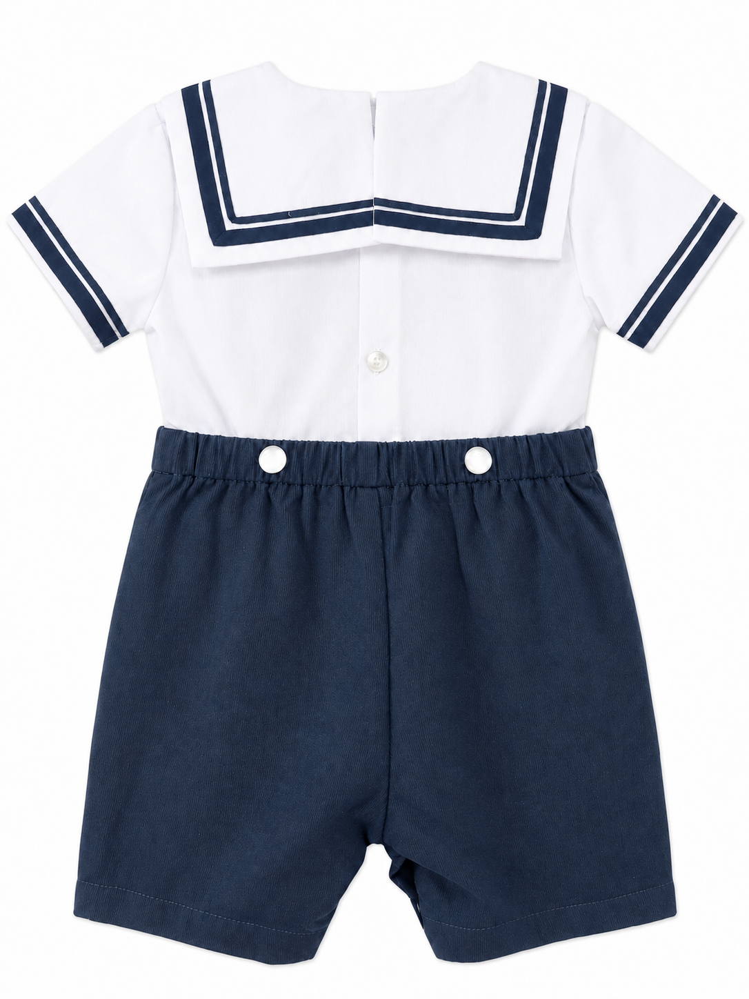 Carriage Boutique boys nautical bobby suit with white shirt, navy sailor collar, and matching navy cotton shorts.