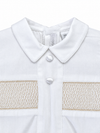 Carriage Boutique white boys bobby suit shirt with hand smocked detailing, Peter Pan collar, and satin buttons.