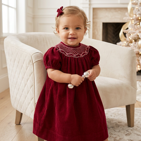 Toddler wearing a Carriage Boutique burgundy corduroy bishop dress with hand-smocked collar and puff sleeves.