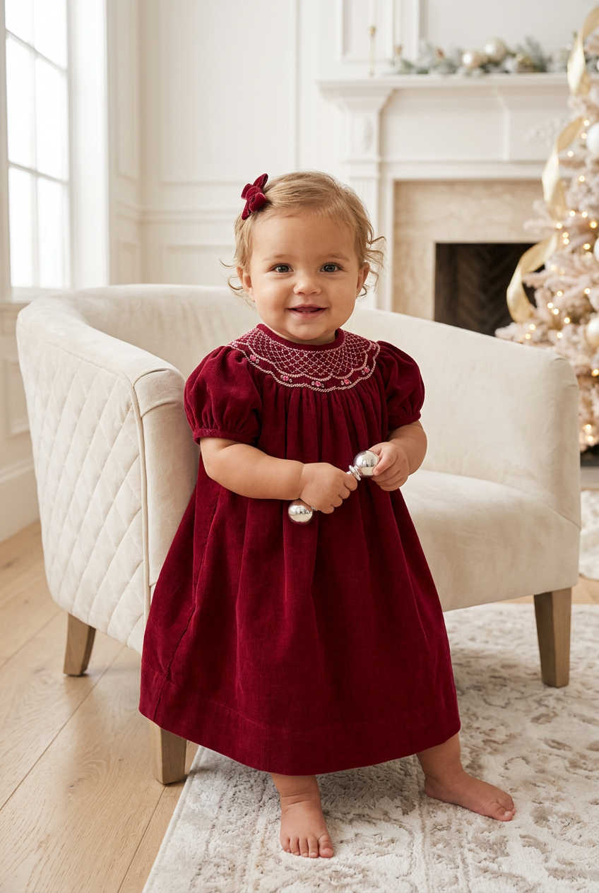 Toddler wearing a Carriage Boutique burgundy corduroy bishop dress with hand-smocked collar and puff sleeves.