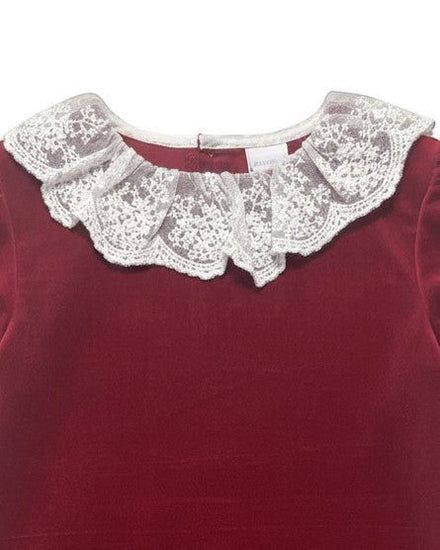 Carriage Boutique toddler dress in burgundy velvet featuring an intricate white lace collar for a vintage look.
