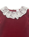 Carriage Boutique toddler dress in burgundy velvet featuring an intricate white lace collar for a vintage look.