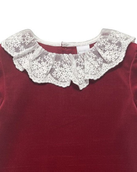 Carriage Boutique toddler dress in burgundy velvet featuring an intricate white lace collar for a vintage look.