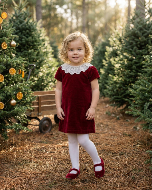 A young girl wearing a Carriage Boutique burgundy velvet dress with a white lace collar in a pine tree forest.