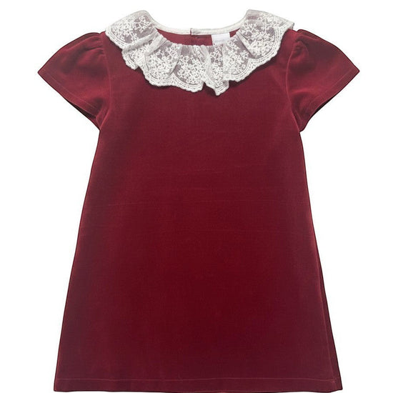 Carriage Boutique burgundy velvet toddler dress featuring a delicate white lace collar and short sleeves.