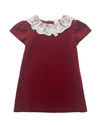 Carriage Boutique burgundy velvet toddler dress featuring a delicate white lace collar and short sleeves.