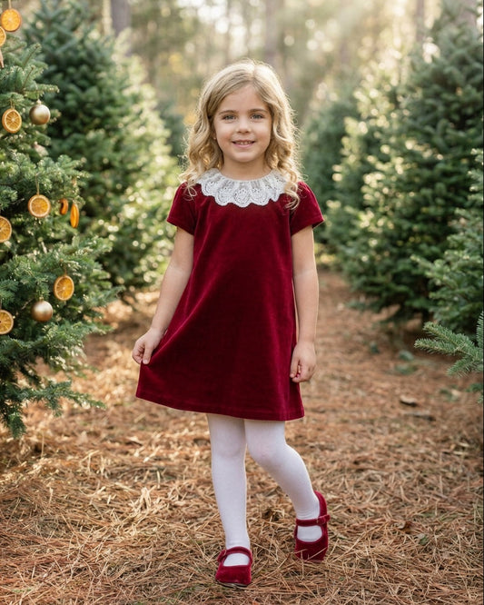 Carriage Boutique toddler girl wearing a burgundy velvet dress with a white lace collar in a festive forest setting.