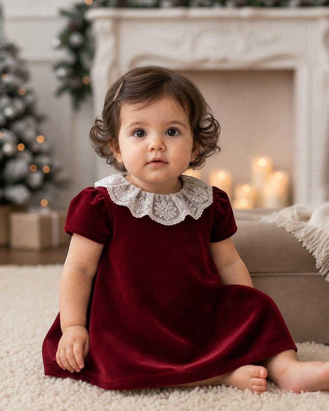 Carriage Boutique burgundy velvet dress for baby girls featuring a delicate white lace collar in a festive setting