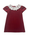 Carriage Boutique burgundy velvet dress featuring a delicate white lace collar and short sleeves for formal occasions.