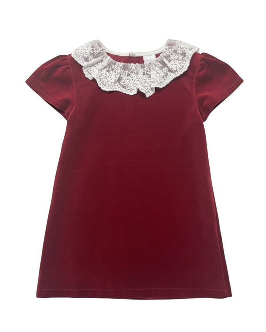 Carriage Boutique burgundy velvet dress featuring a delicate white lace collar and short sleeves for formal occasions.