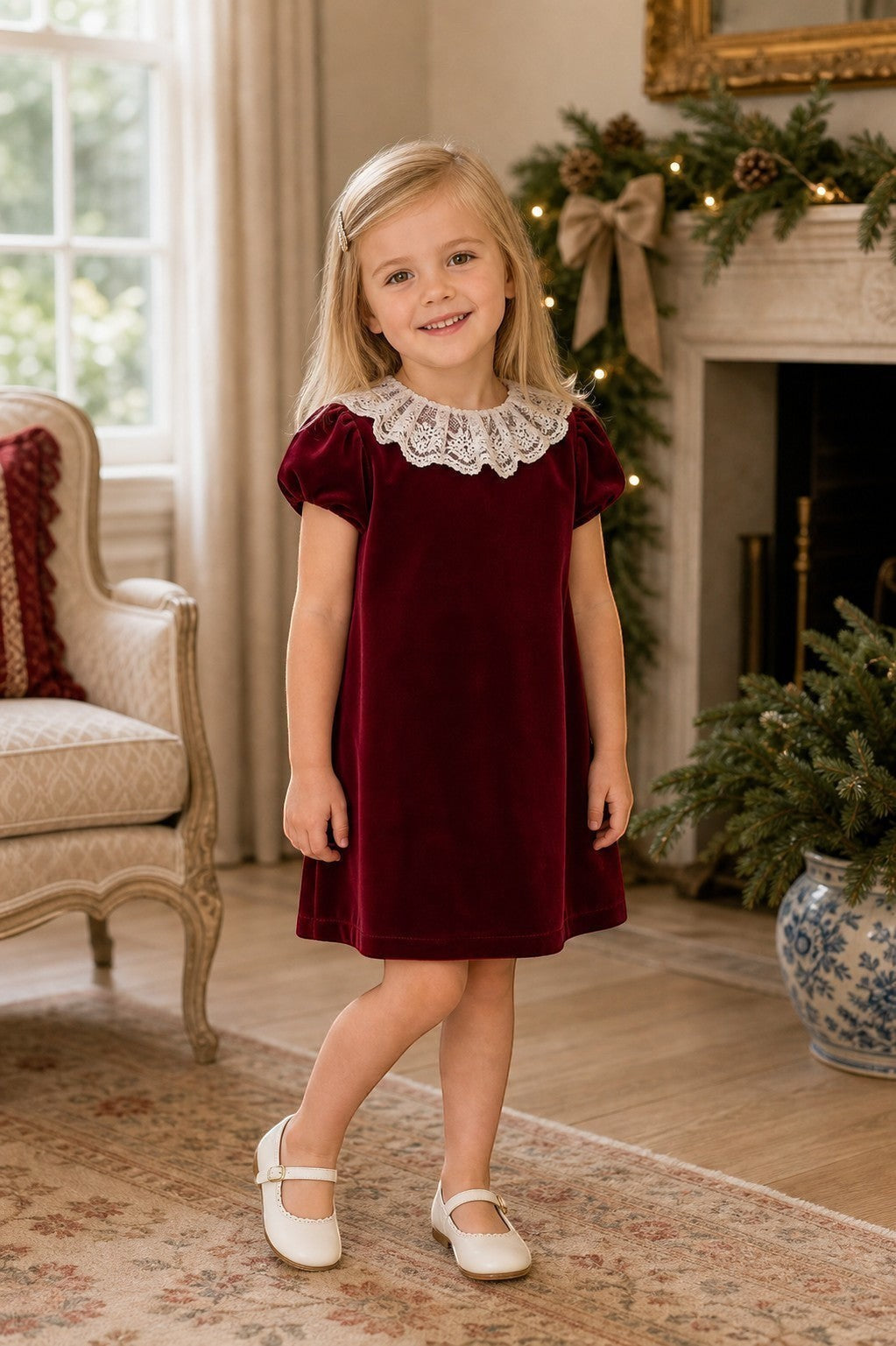 Carriage Boutique burgundy velvet dress for girls featuring a delicate white lace collar and short sleeves.