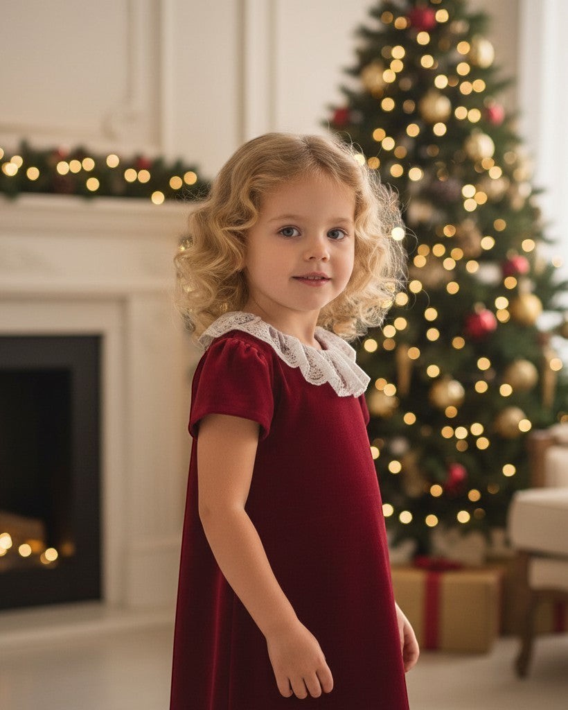 Carriage Boutique burgundy velvet dress with white lace collar worn by a young girl in a festive holiday setting.
