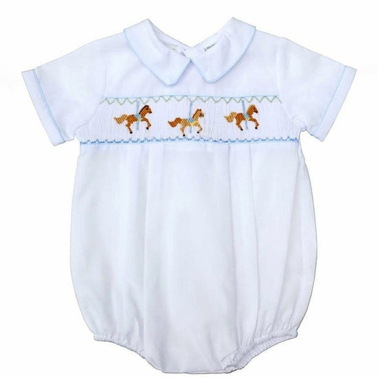 Carriage Boutique white bubble romper with smocking and carousel horse embroidery, blue piping.