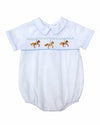 Carriage Boutique white bubble romper with smocking and carousel horse embroidery, blue piping.