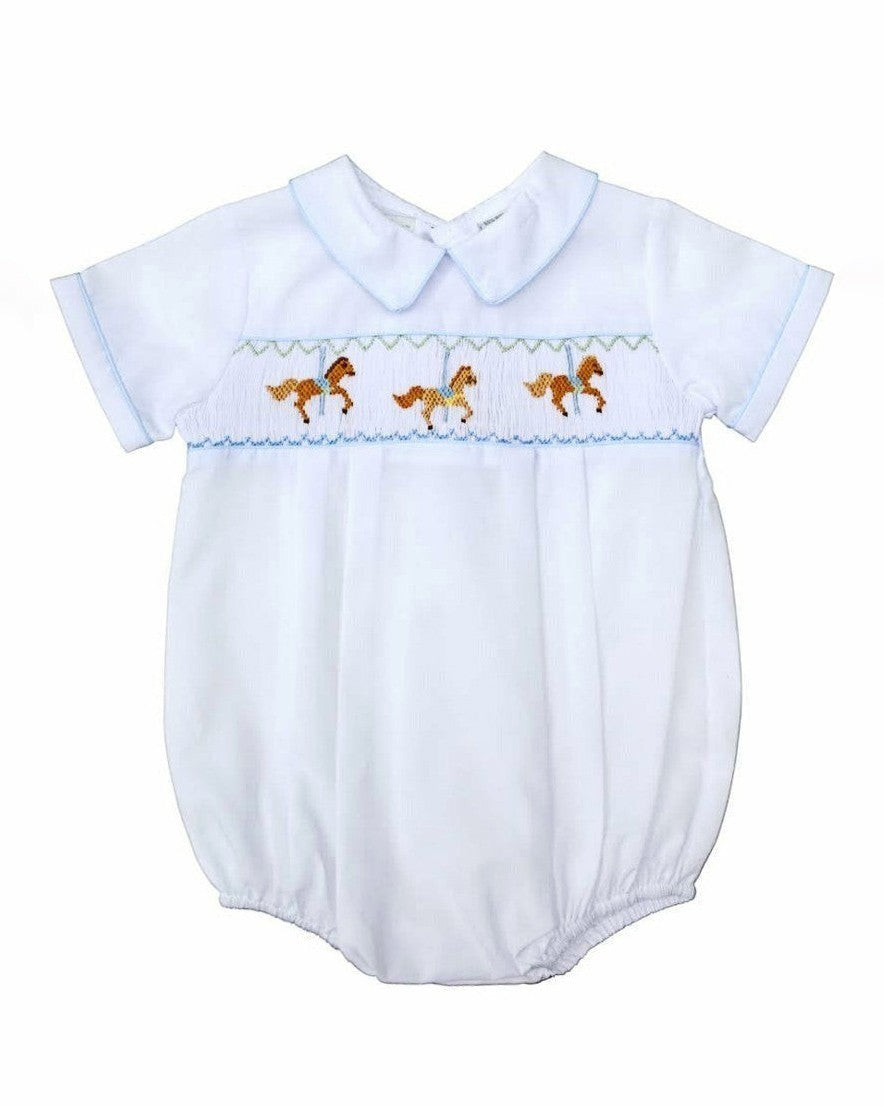 Carriage Boutique white bubble romper with smocking and carousel horse embroidery, blue piping.