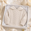 Carriage Boutique cream cotton fisherman knit baby sweater with hood in a gift box