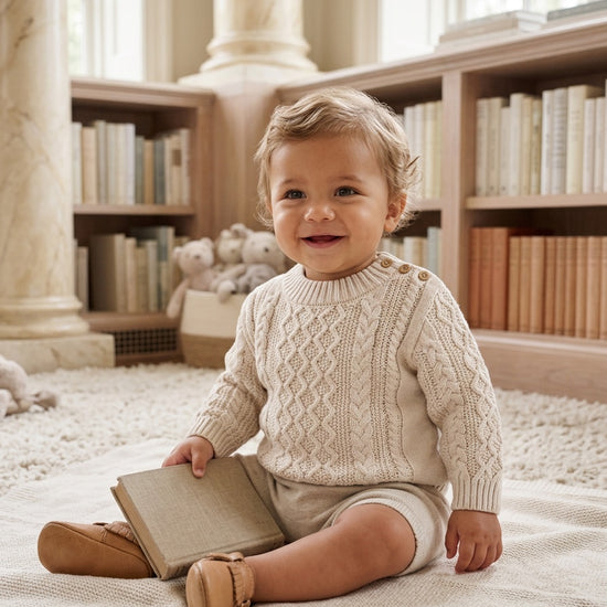 Carriage Boutique baby boy wearing a cream fisherman knit cotton pullover sweater with button shoulder detail