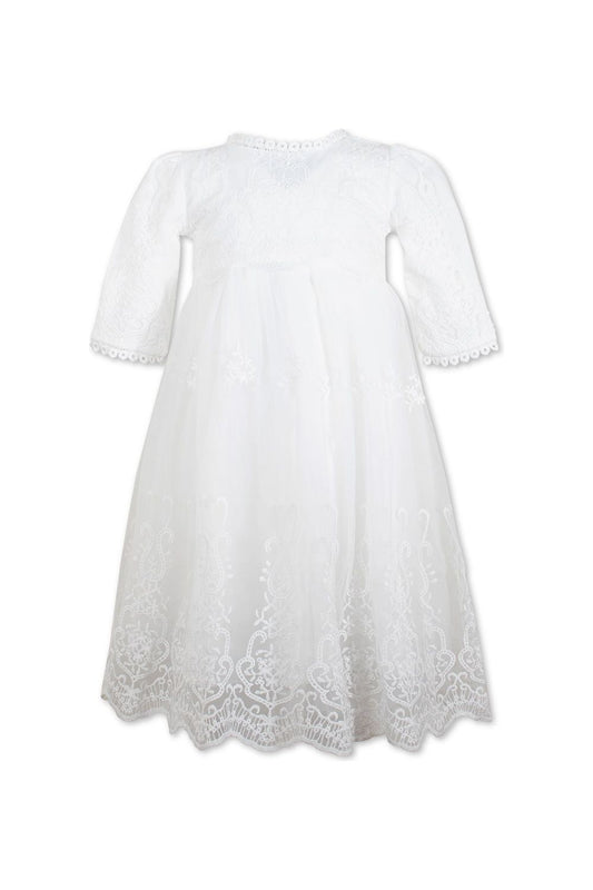Embroidered Star Baby Girl Christening Day Gown with Bonnet