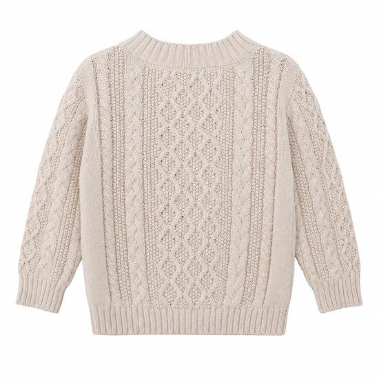 Carriage Boutique beige fisherman knit pullover sweater for baby boys with cable knit texture and ribbed trim.